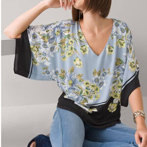 WHBM Floral Kimono Top Womens Size Large Light Blue Yellow V-Neck Blouse